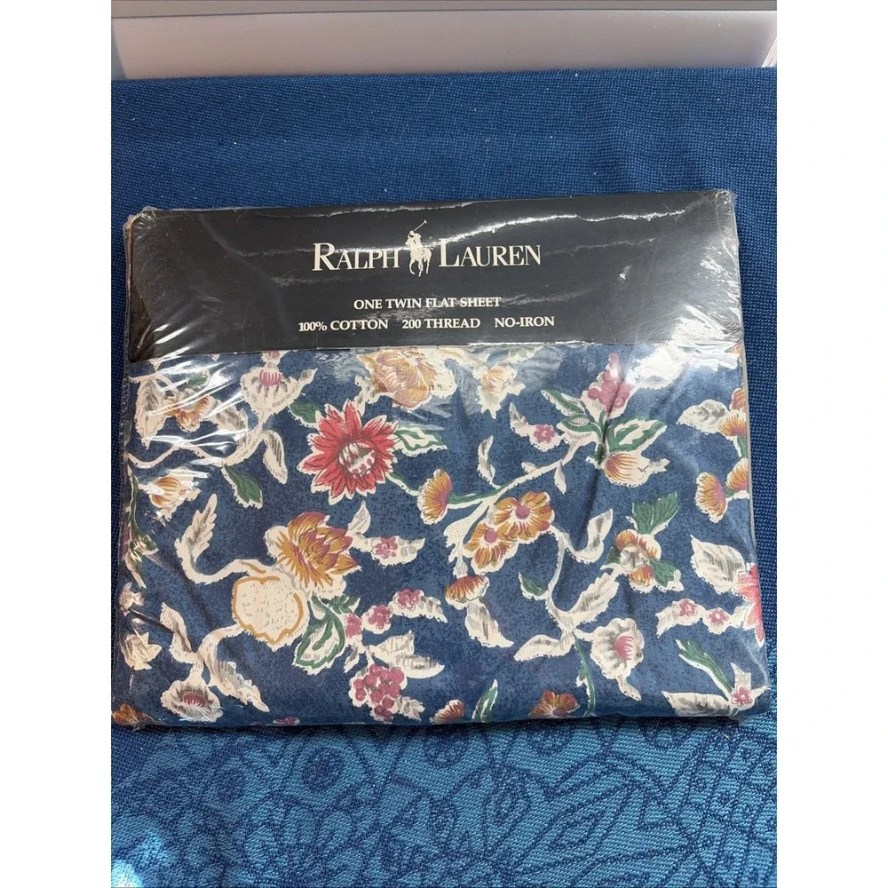 Vintage Ralph Lauren Jardin Blue Floral Twin Flat Sheet Made in USA NIP NOS